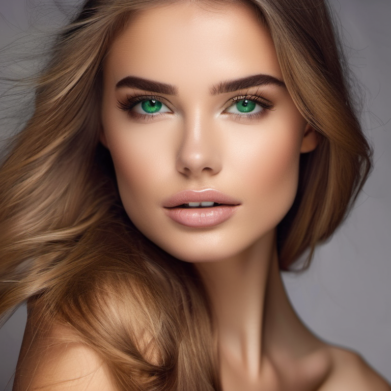 Model with green colored contact lenses, healthy eyes and safe contact lens wear