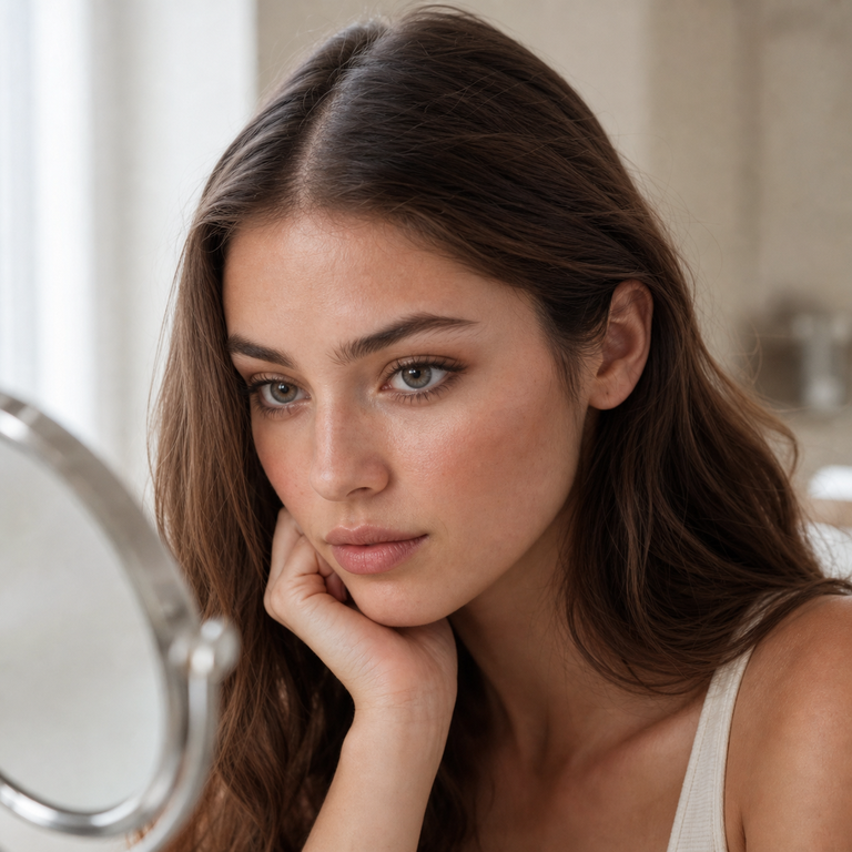 Young adult woman wearing natural taupe gray-brown colored contacts at a vanity