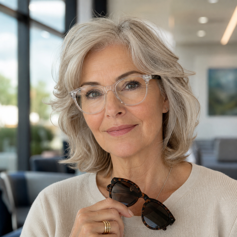 Mature woman wearing clear protective glasses after cataract surgery