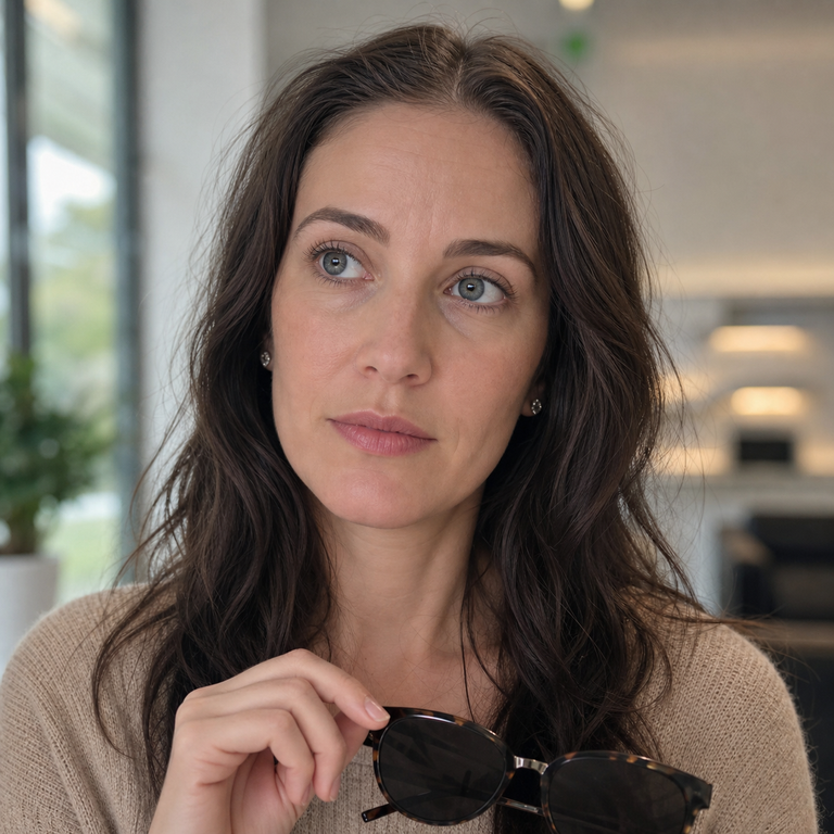 Woman holding sunglasses after a dilated eye exam in a softly lit clinic
