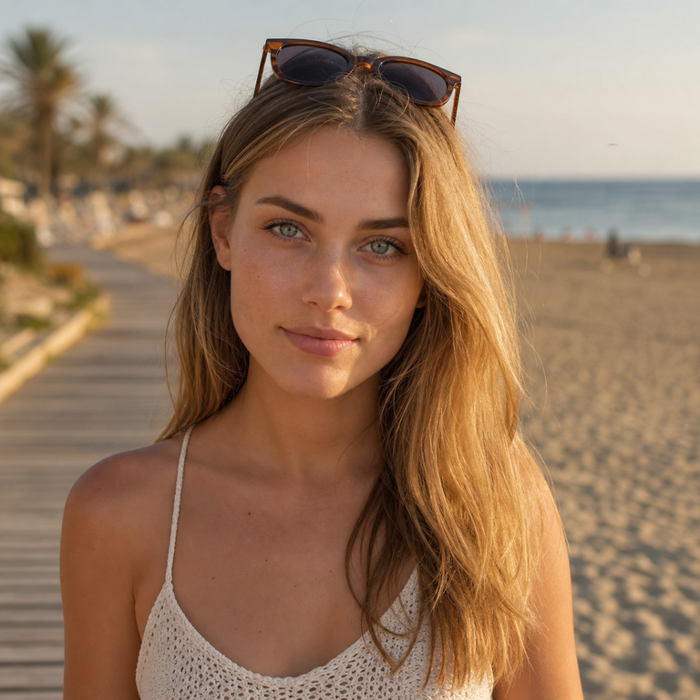 Young adult woman wearing natural sea-grey colored contacts on a beach boardwalk
