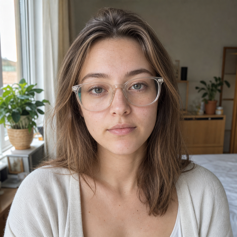 Young adult woman wearing eyeglasses during a mild blepharitis flare