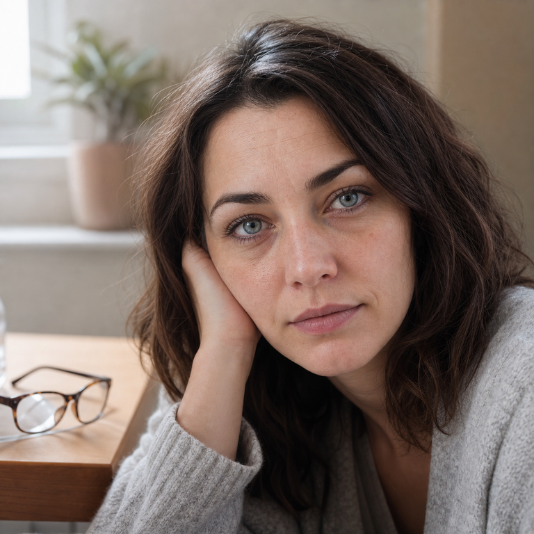 Woman deciding between blue-grey colored contacts and glasses on a sick day