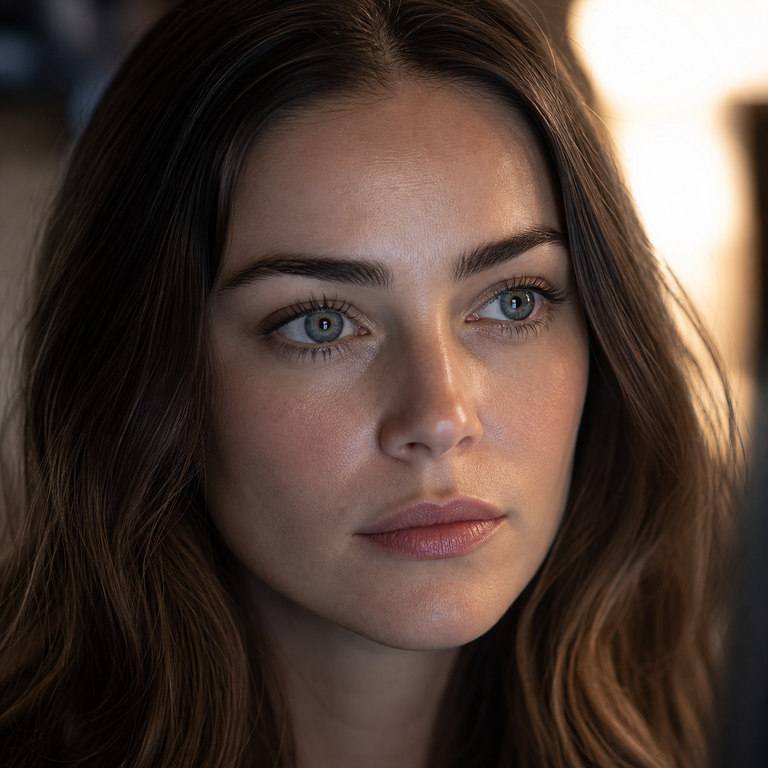Woman wearing natural grey colored contacts during computer screen time