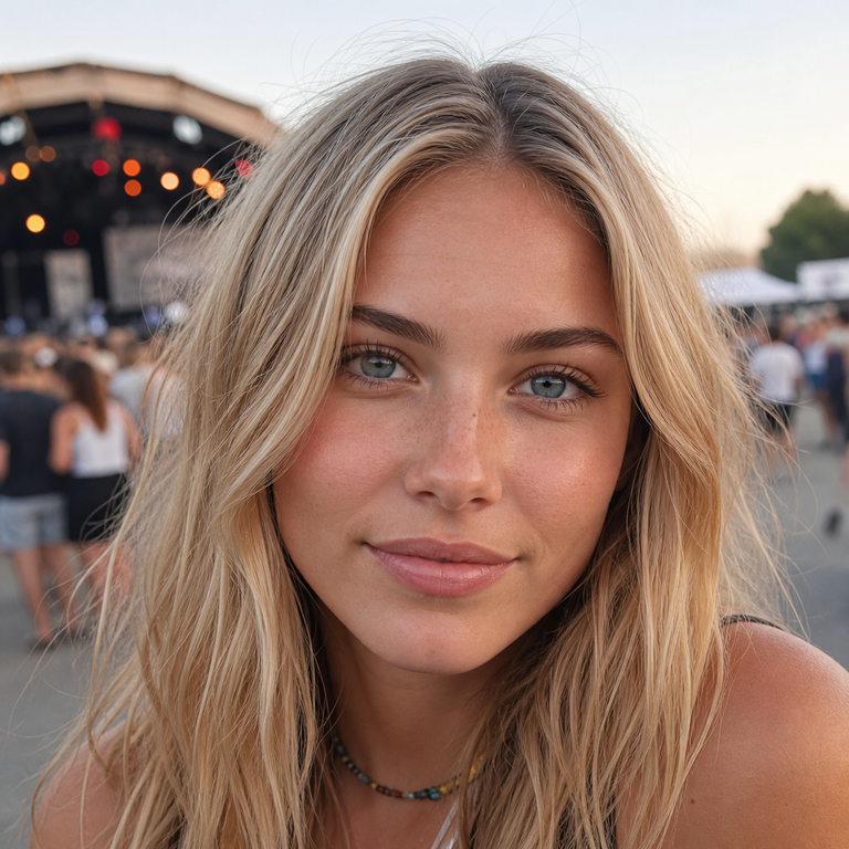 Young adult woman wearing natural blue-grey colored contacts at an outdoor music festival