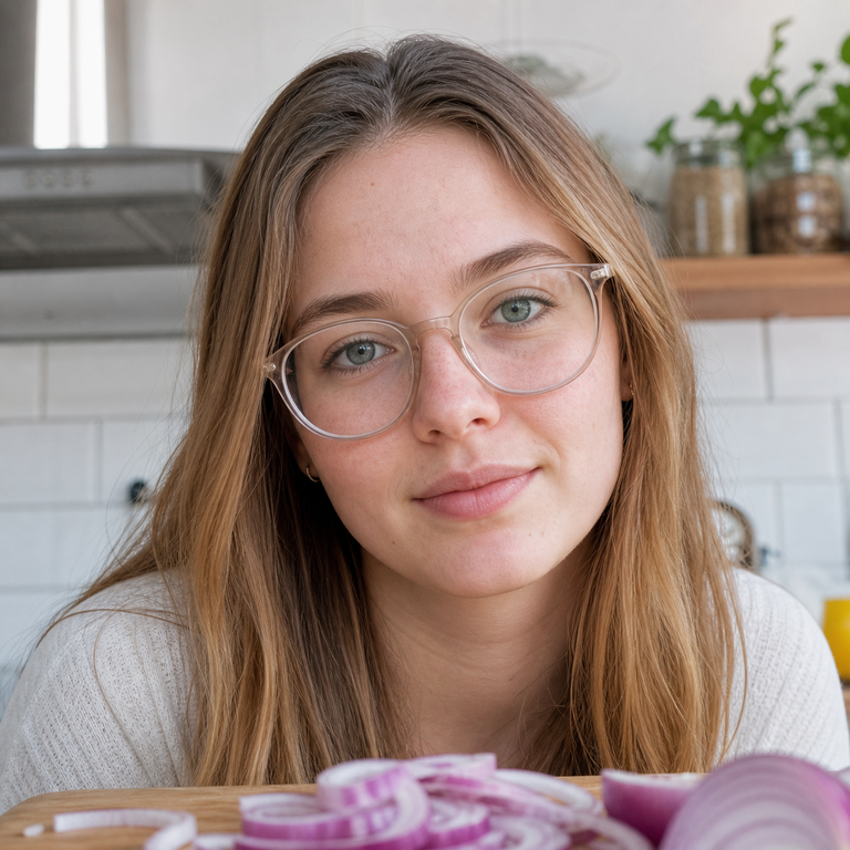 Young adult woman wearing clear eyeglasses in a kitchen with sliced onions