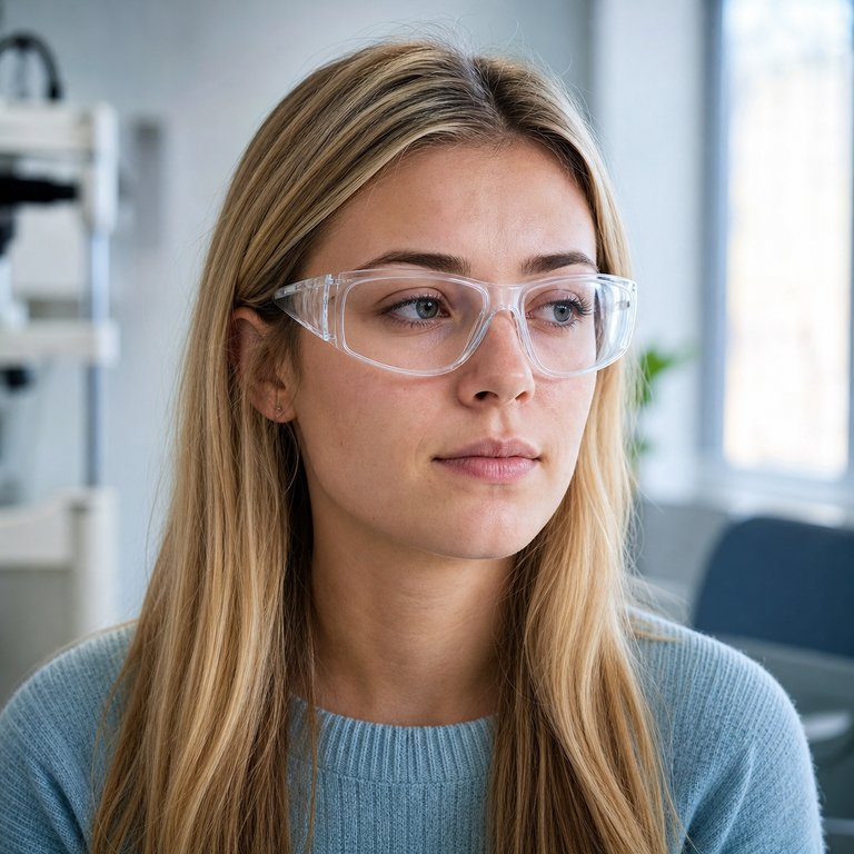 Young adult woman wearing clear protective glasses after a suspected corneal abrasion