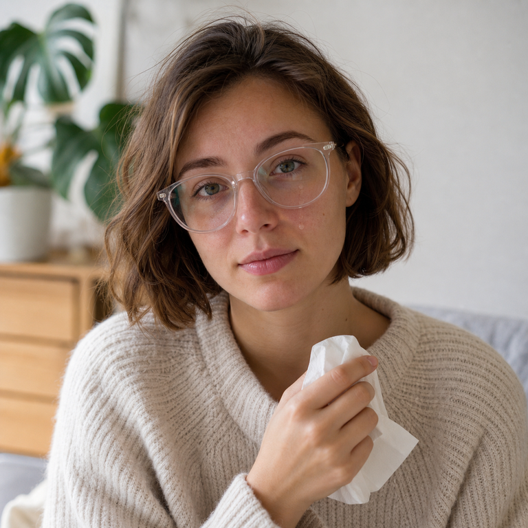 Young adult woman wearing eyeglasses after brief emotional crying