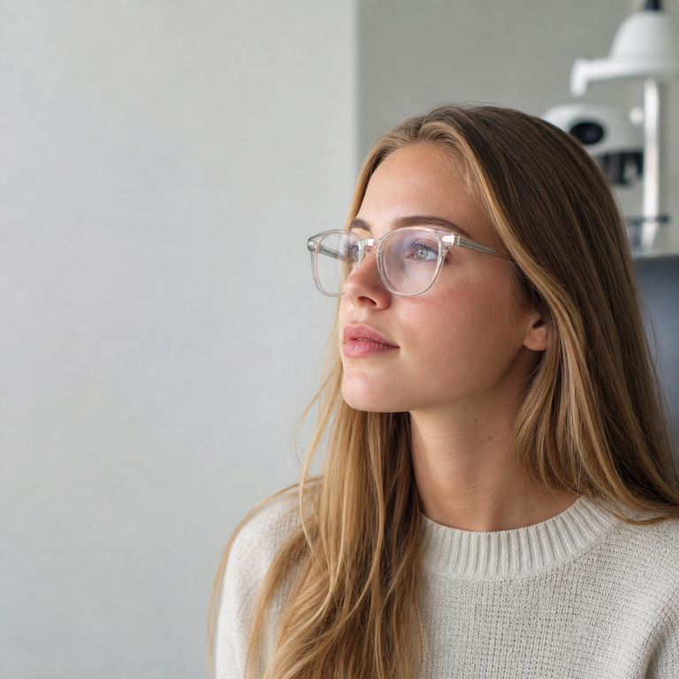 Young adult woman wearing eyeglasses while awaiting an eye floater evaluation