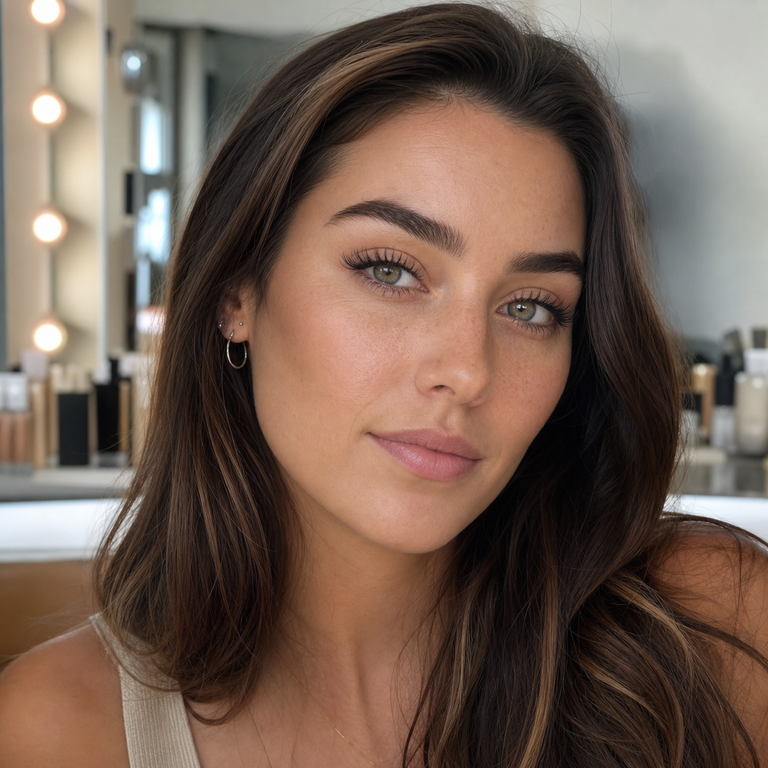 Woman wearing subtle olive-grey colored contacts and natural eyelash extensions