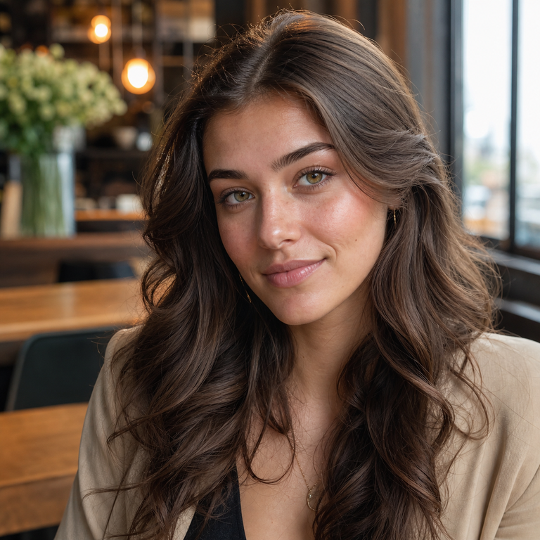 Young adult woman wearing natural olive-hazel colored contacts at a cafe