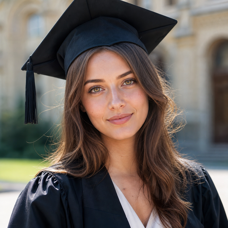 Young adult college graduate wearing natural hazel-grey colored contacts