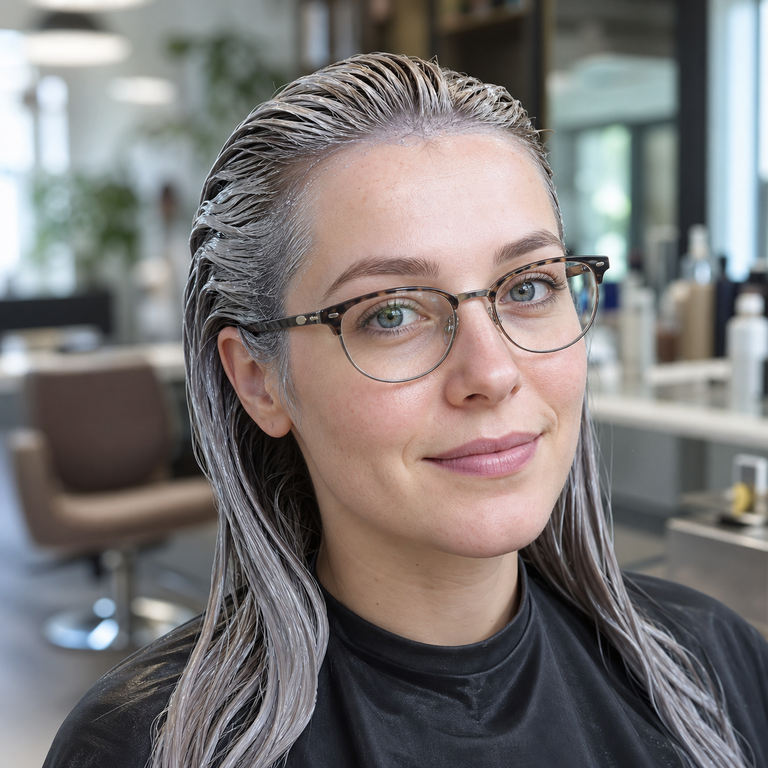 Woman wearing eyeglasses while hair color processes safely at a salon
