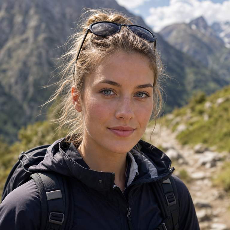 Young adult woman wearing natural blue-grey colored contacts on a mountain trail