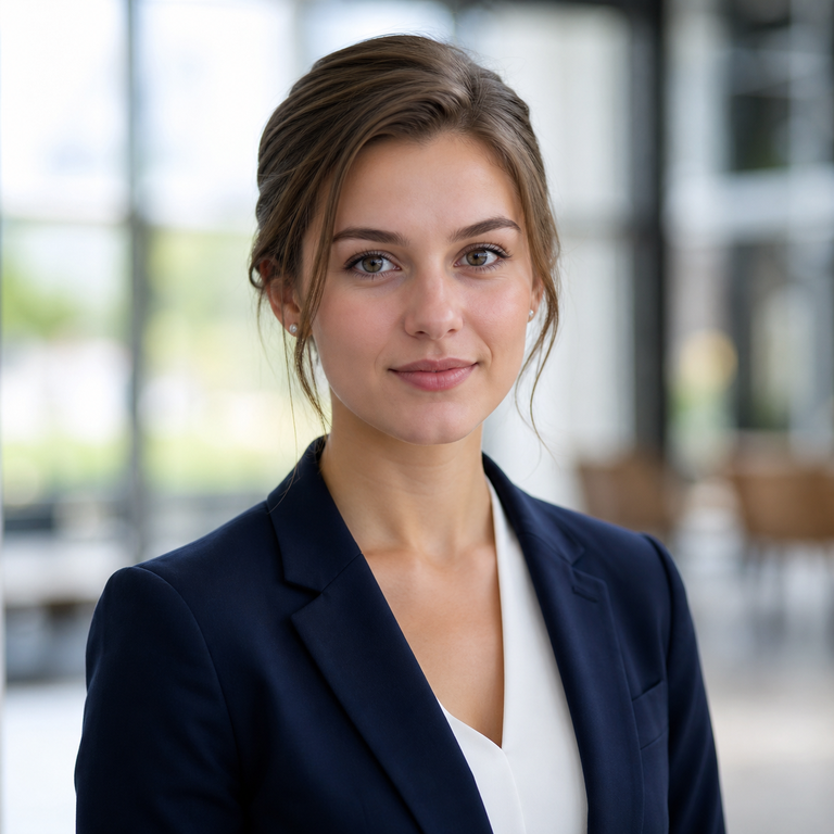 Young adult woman wearing subtle brown-grey colored contacts before a job interview