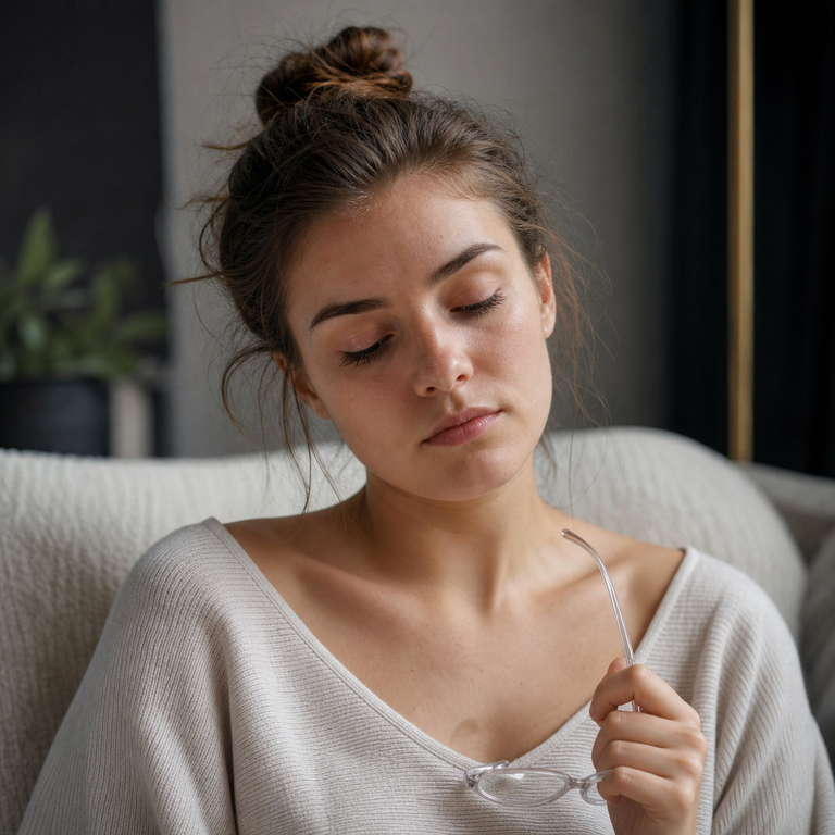 Young adult woman holding eyeglasses while resting in a dim room during a migraine