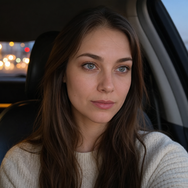 Woman wearing natural blue-grey colored contacts while parked at dusk