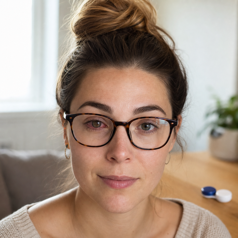 Woman wearing eyeglasses while leaving colored contacts out during mild eye redness