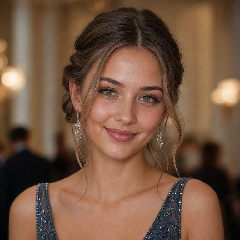 Young adult woman wearing natural hazel-grey colored contacts for a formal dance