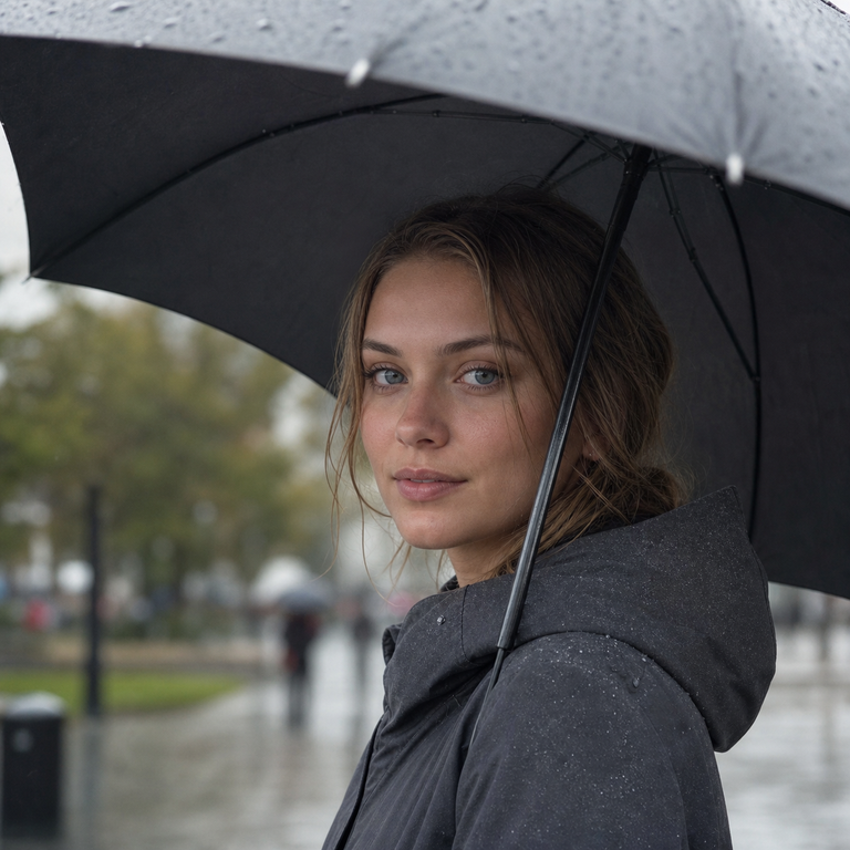 Young adult woman wearing natural blue-grey colored contacts under an umbrella