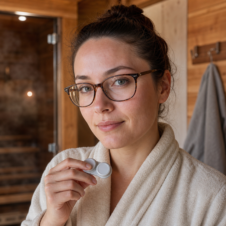 Woman wearing eyeglasses and holding a closed contact lens case outside a sauna