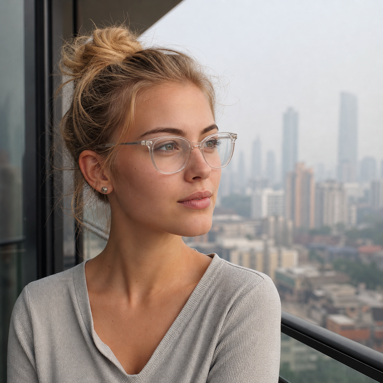 Young adult woman wearing clear eyeglasses on a mildly hazy city air-quality day