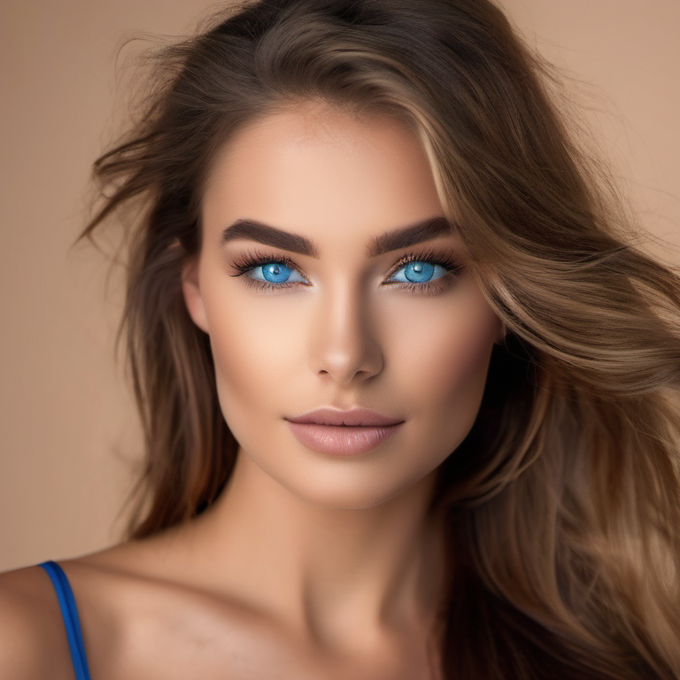 Model with blue colored contact lenses, eye protection from UV rays and sunlight