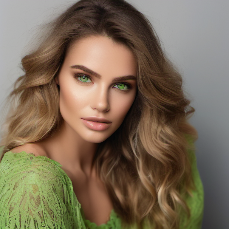 Model with green colored contact lenses, getting fitted for contact lenses