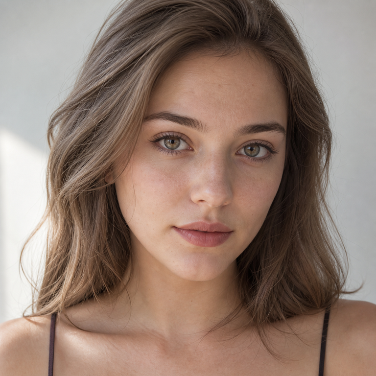 Young adult woman wearing natural taupe-brown colored contacts for the Earl Series guide