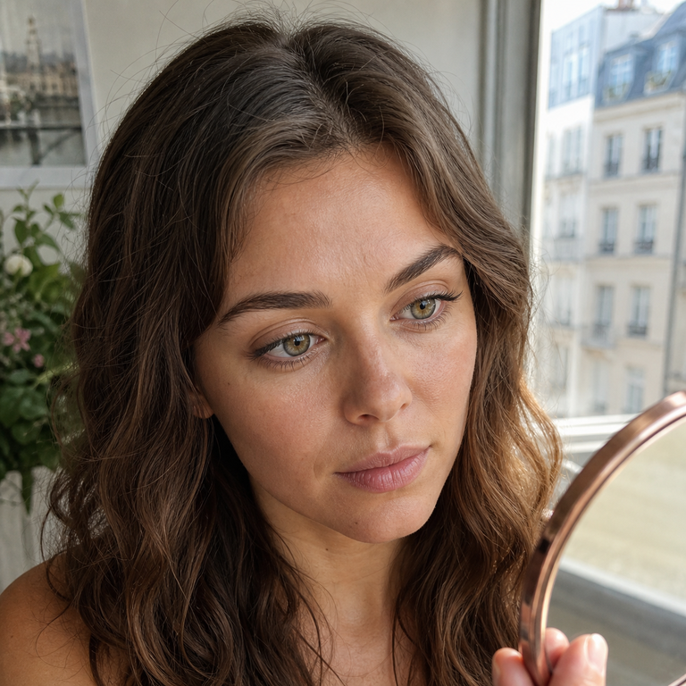 Woman comparing natural olive-hazel colored contacts in a daylight mirror