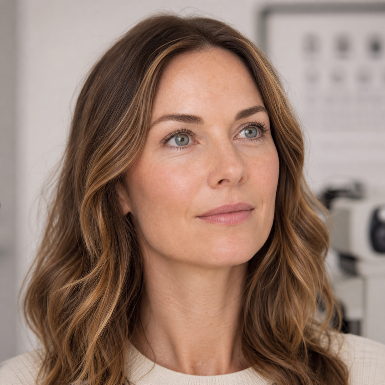 Woman wearing natural hazel-grey colored contacts during an eye exam