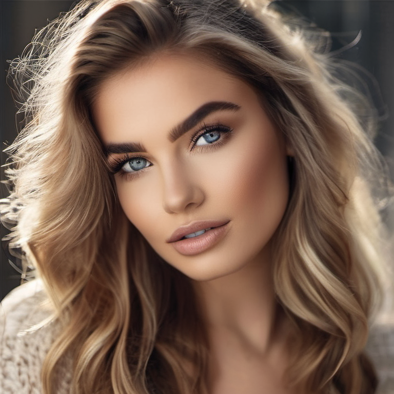 Model with natural-looking soft grey colored contact lenses, subtle eye brightening