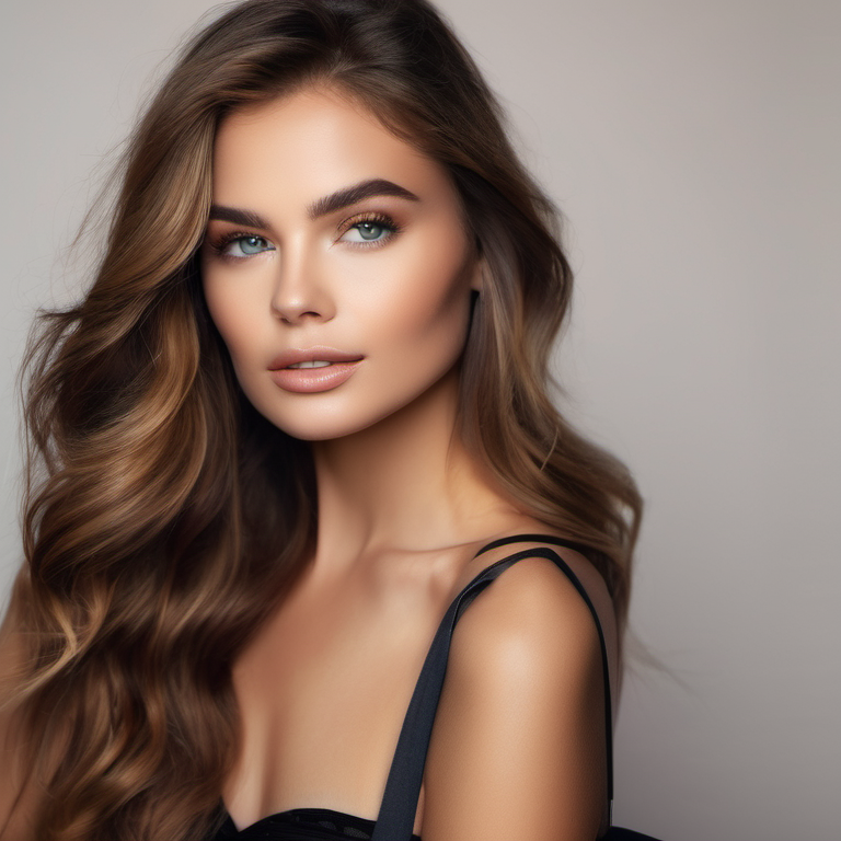 Model with natural-looking hazel colored contact lenses, warm blended eye color