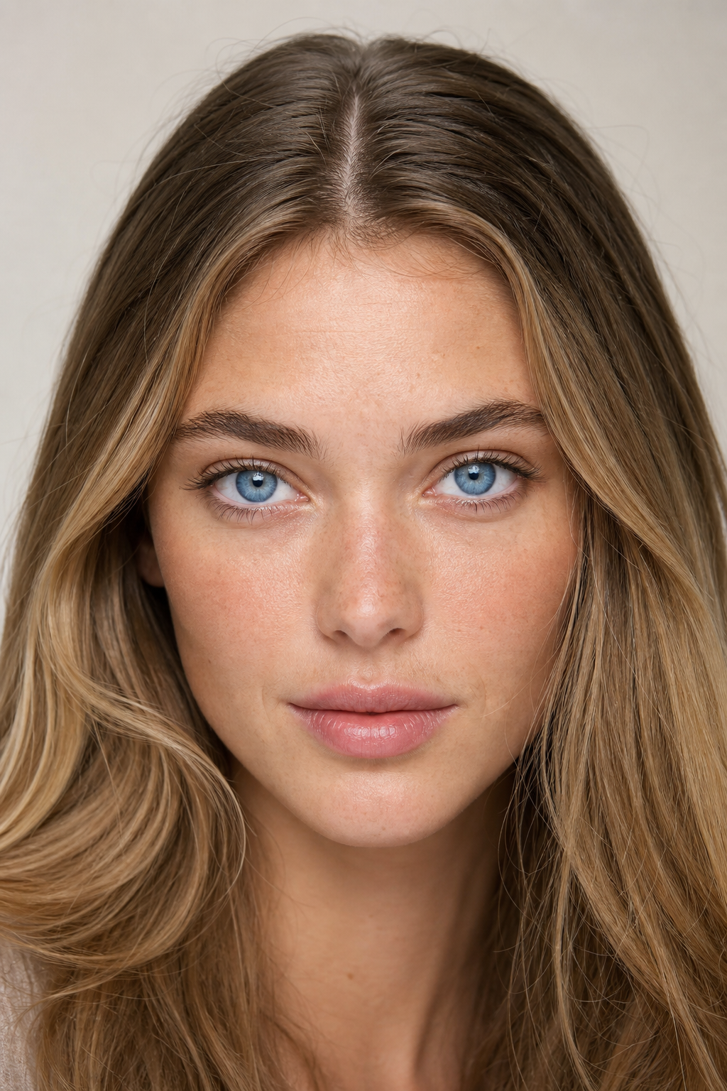 European model with bright blue colored contact lenses