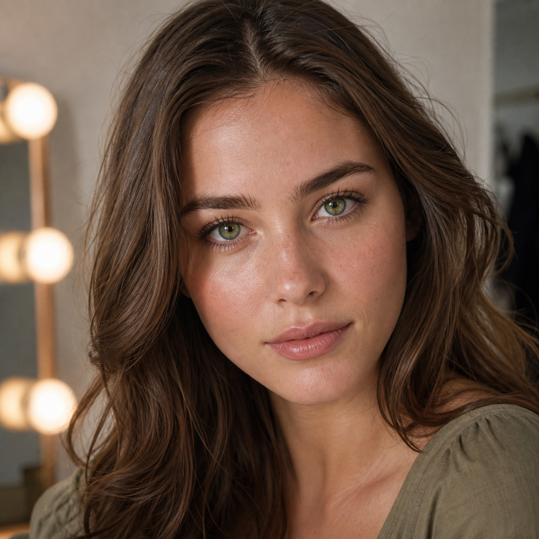 Young adult woman wearing natural forest-green colored contacts for the Illusory Series guide