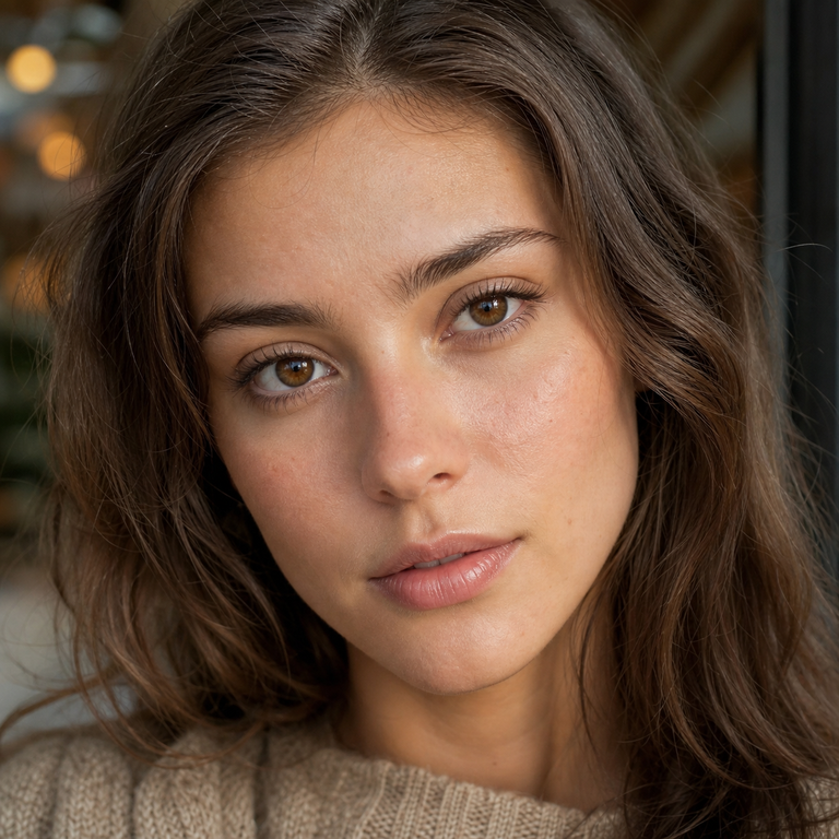 Young adult woman wearing warm coffee-brown colored contacts for the Muse Series guide