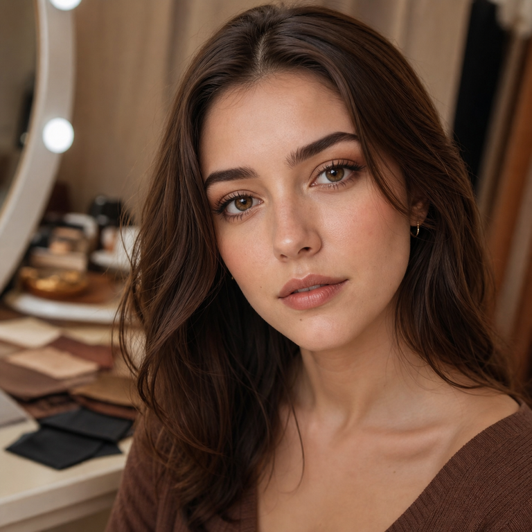 Young adult woman wearing natural coffee-brown colored contacts at a vanity