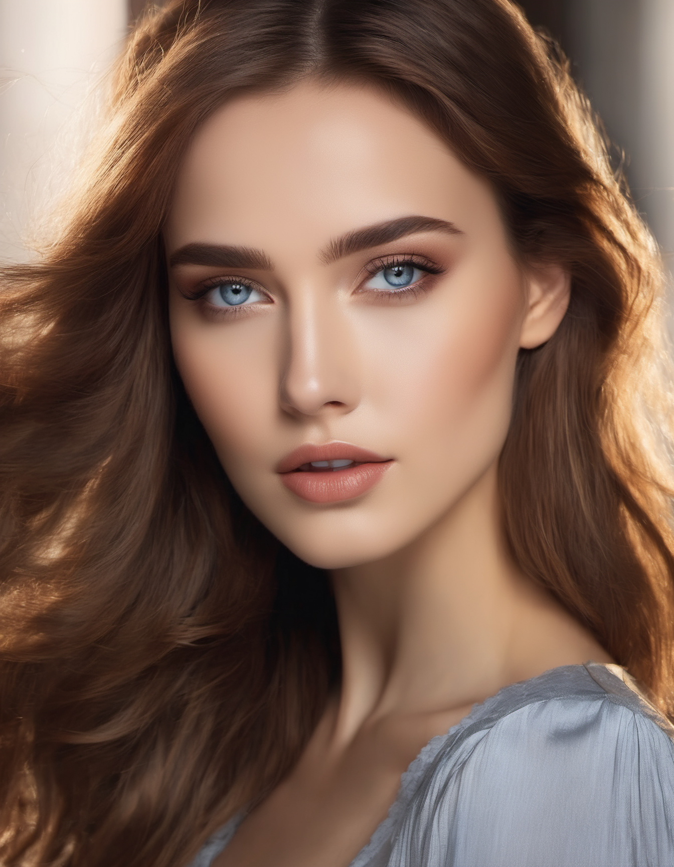 Elegant woman with soft grey blue colored contact lenses for a special occasion