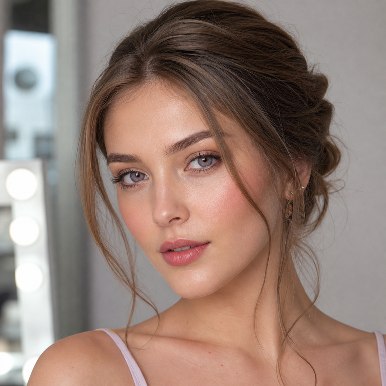 Young adult woman wearing soft violet-rose colored contacts in a dressing studio