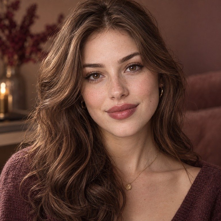 Young adult woman styled in berry and cocoa brown tones for a Berry Brown versus Thai Brown colored contacts comparison