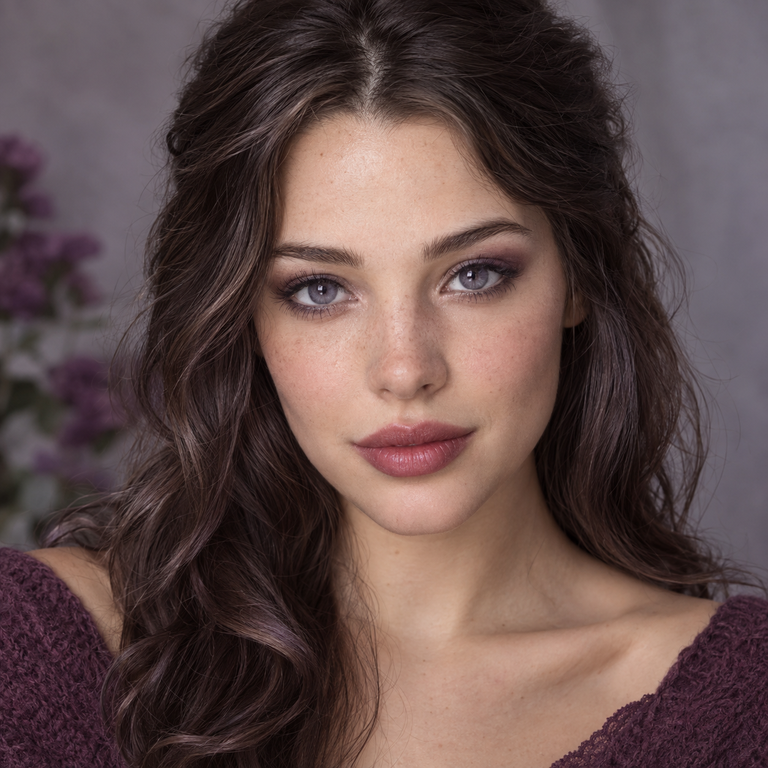 Young adult model wearing muted grey violet colored contact lenses for Berry color comparison