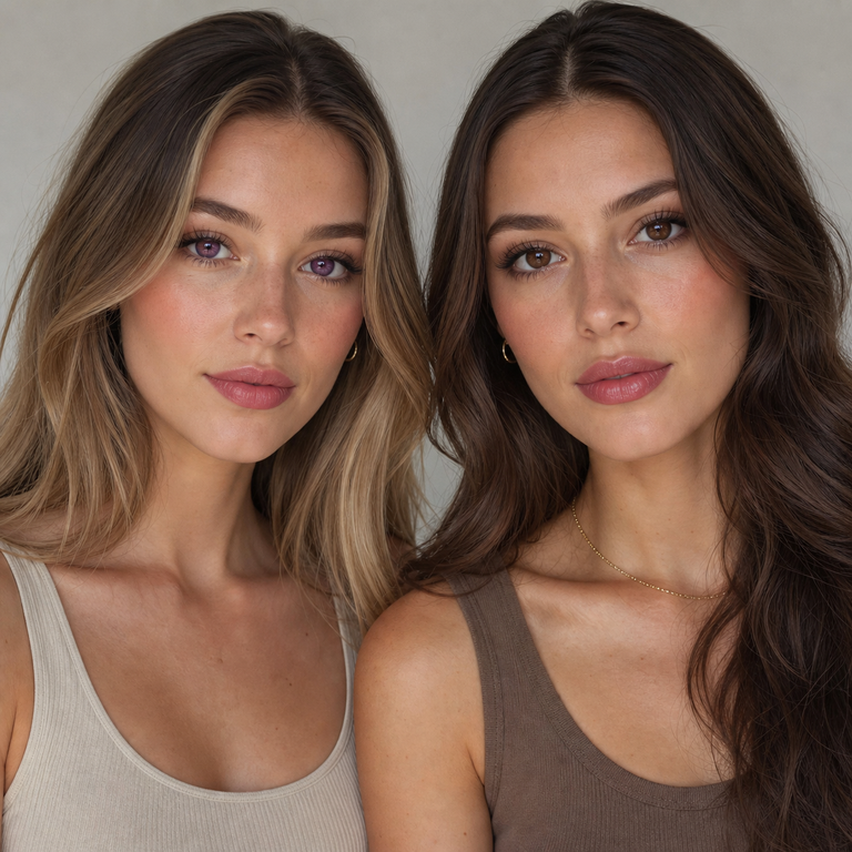 Two young adult models comparing purple and brown colored contact styling