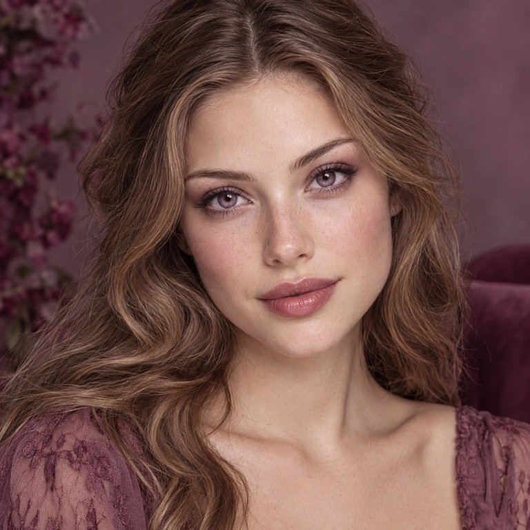Young adult woman styled in plum and dusty rose tones for a Berry Purple versus INYX Pink colored contacts comparison