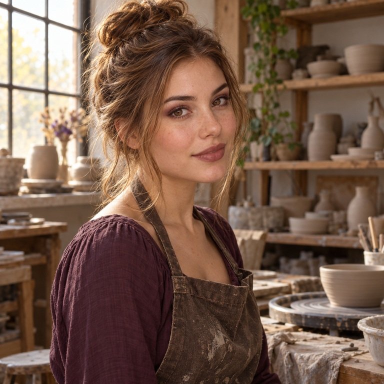 Young adult woman in a pottery workshop for an Earl Brown versus INYX Purple colored contacts comparison