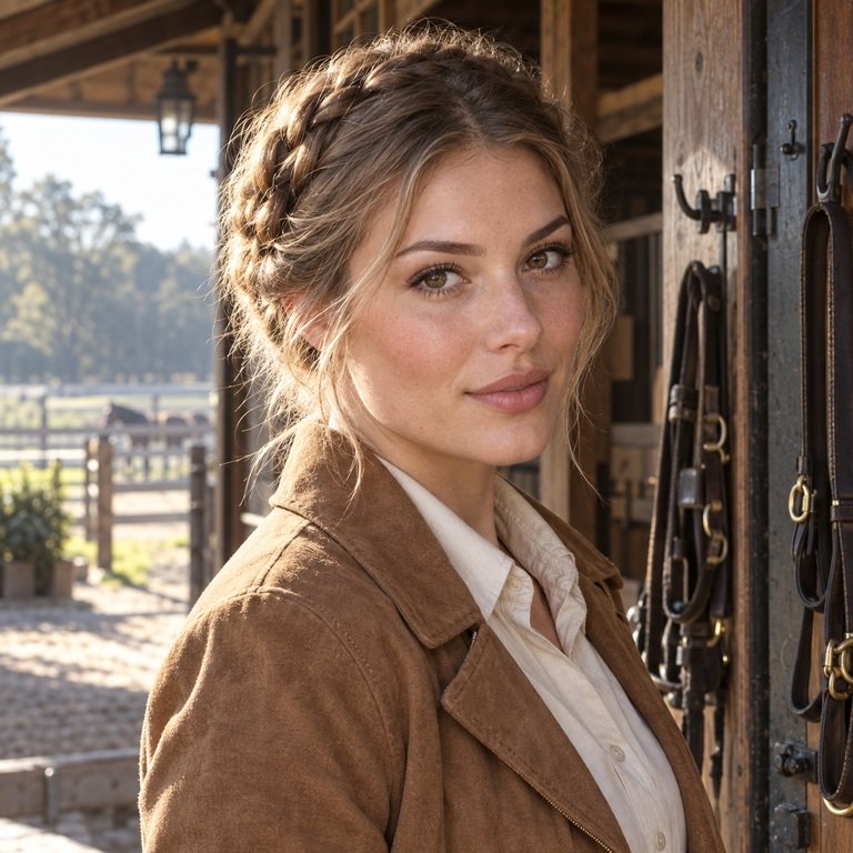 Young adult woman at a sunlit equestrian stable for an Earl Brown versus Nova Brown colored contacts comparison