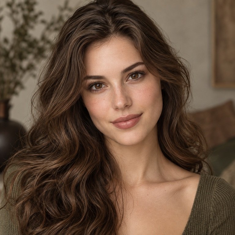 Young adult woman styled in cocoa and olive tones for an Earl Brown versus Olive Brown colored contacts comparison