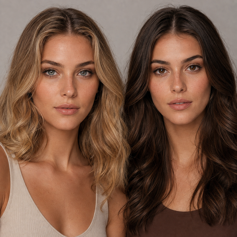 Two young adult models comparing grey and brown colored contact styling