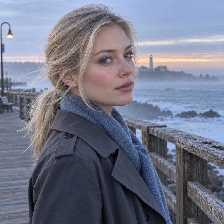 Young adult woman on a seaside boardwalk for an Earl Grey versus Illusory Blue colored contacts comparison