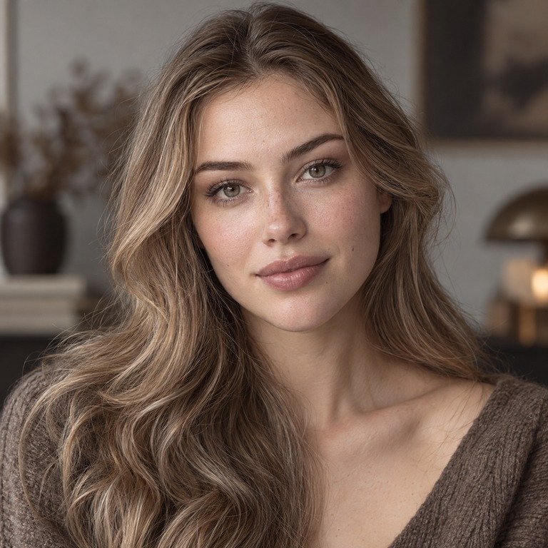Young adult woman styled in taupe grey and coffee tones for an Earl Grey versus Muse Coffee colored contacts comparison