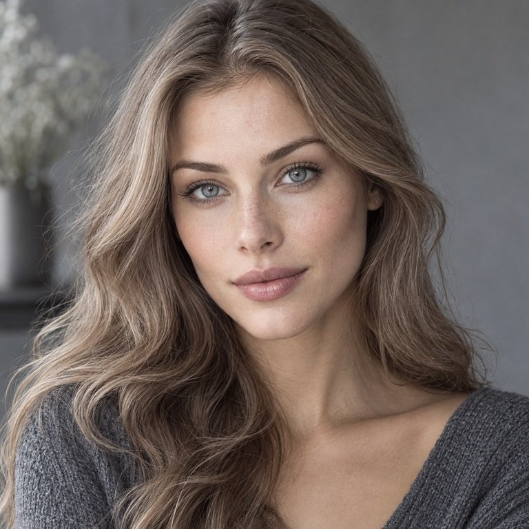 Young adult woman styled in neutral grey tones for an Earl Grey versus Muse Grey colored contacts comparison